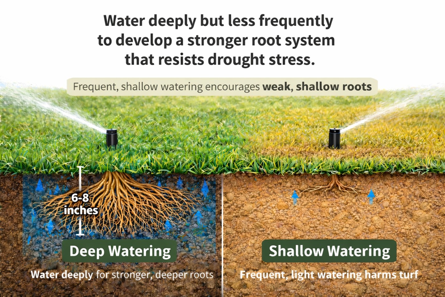 Diagram comparing deep watering vs shallow watering and their effects on grass root systems
