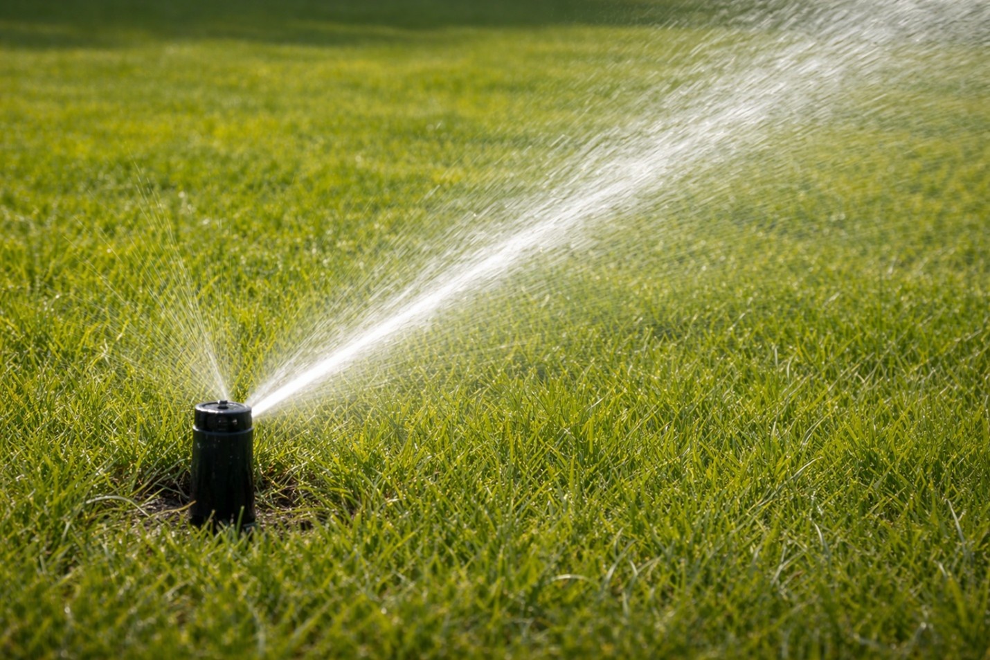 Lawn irrigation sprinkler watering green grass