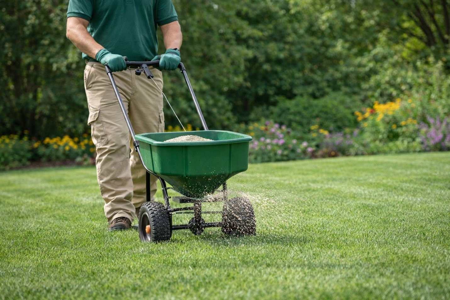 Lawn care professional using broadcast spreader to fertilize green lawn
