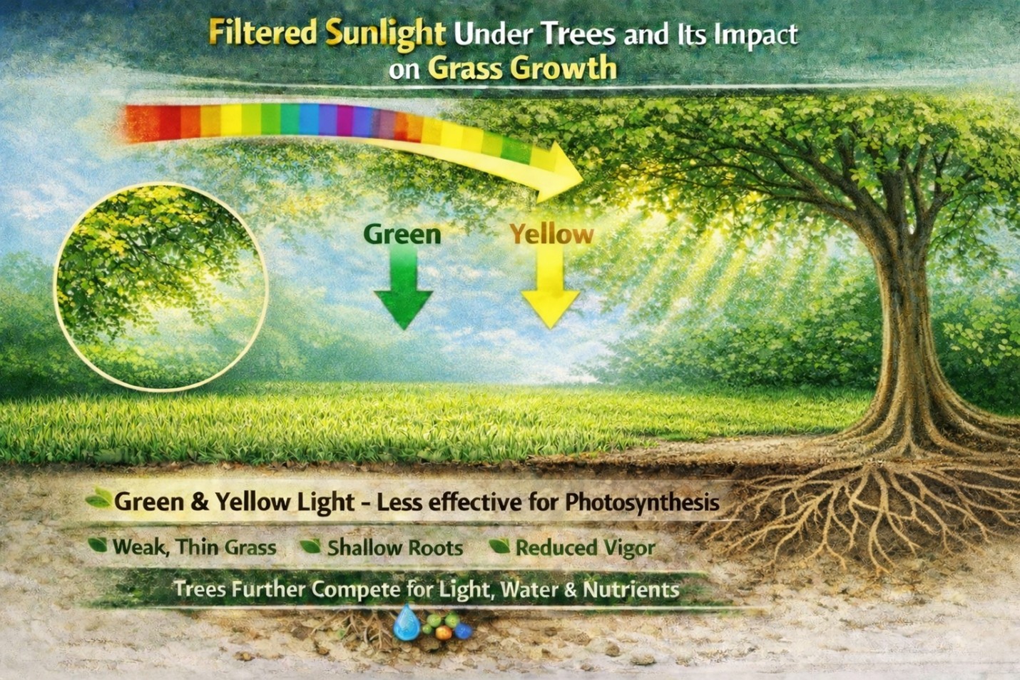 Diagram showing how filtered sunlight under trees affects grass growth with green and yellow light wavelengths